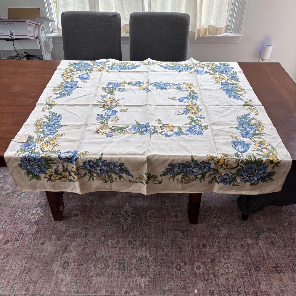 NOS Vintage Waverly Linen Tablecloth Hand Printed Blue Yellow Floral 52x52 USA
